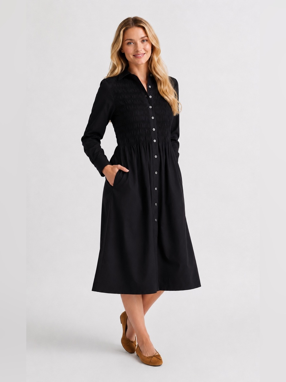 NWT Madewell Black Smocked Midi Shirtdress in Cotton Poplin w/ Pockets, NZ382, S